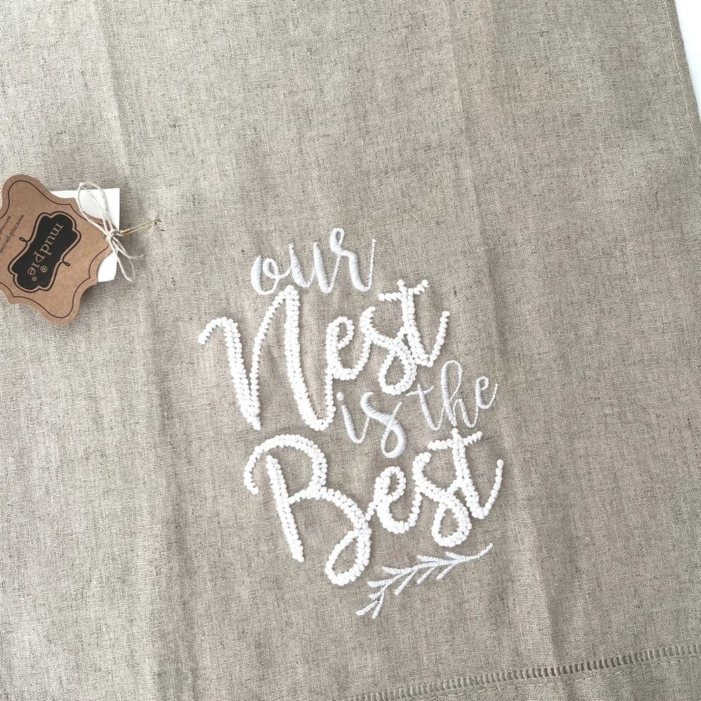 Tan Linen Hand Towels Embroidered French Knot Welcome to Our Nest Set of 2